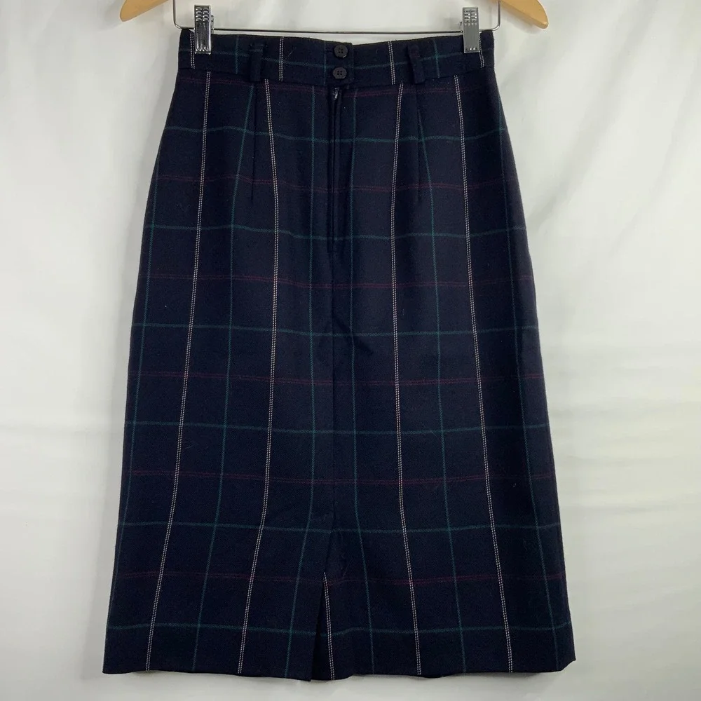 Jones New York Vintage 100% Pure Wool Plaid Pleated Midi Skirt Navy Blue Size 4